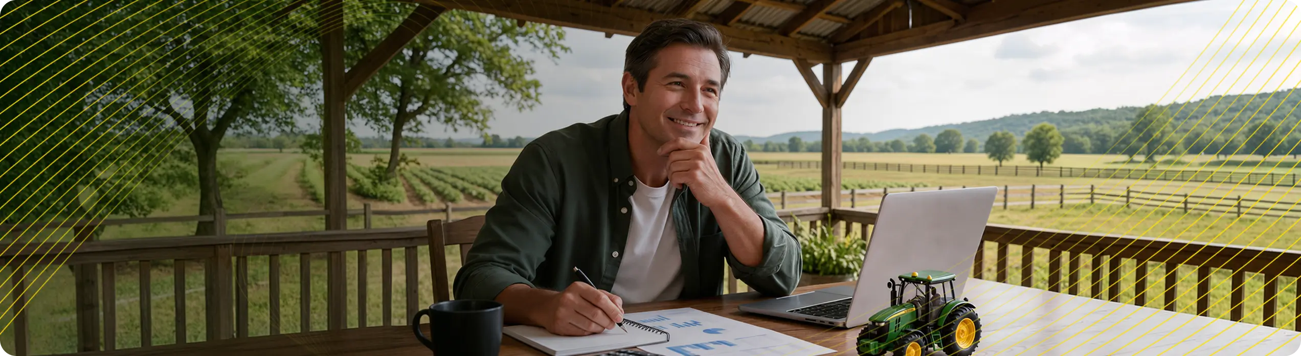 Produtor planejando a aquisição de um equipamento John Deere, com um notebook e uma miniatura de trator sobre a mesa